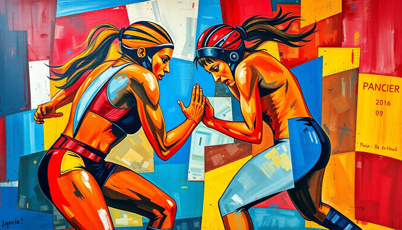 A fragmented, geometric painting depicting the dynamic movements and physicality of a women's wrestling match, with sharp planes of color and overlapping perspectives creating a sense of energy and action.