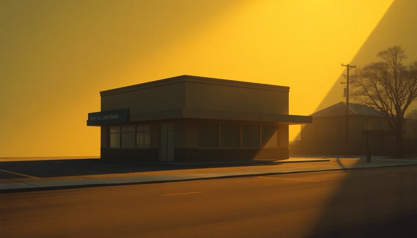 A serene, cinematic painting of a government or office building in warm, golden light, capturing the quiet tension and uncertainty surrounding the legal challenge to Washington's income tax.