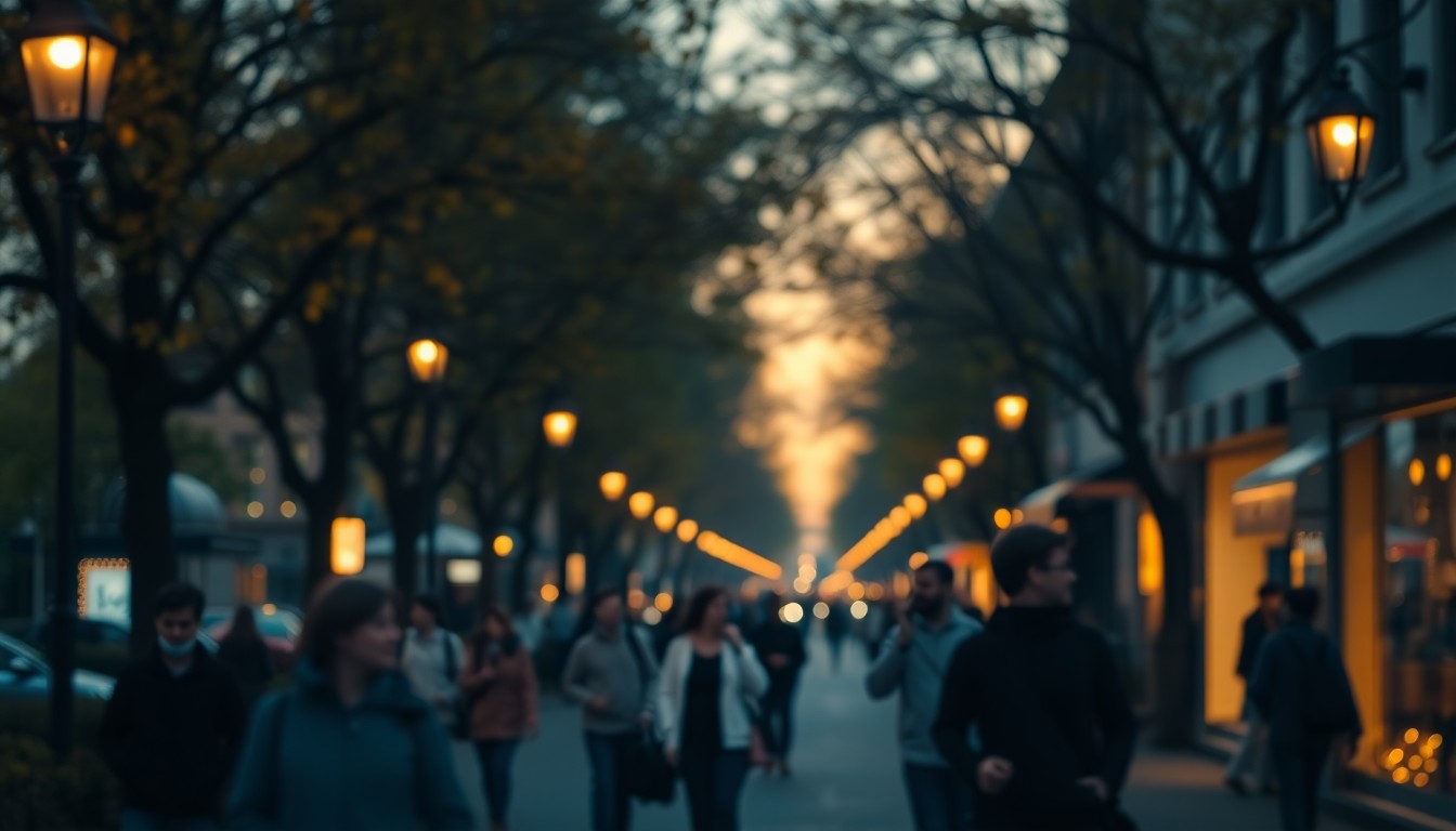 An abstract, out-of-focus photograph of people walking along a tree-lined street at dusk, with warm pools of light from streetlamps creating a cozy, inviting atmosphere.