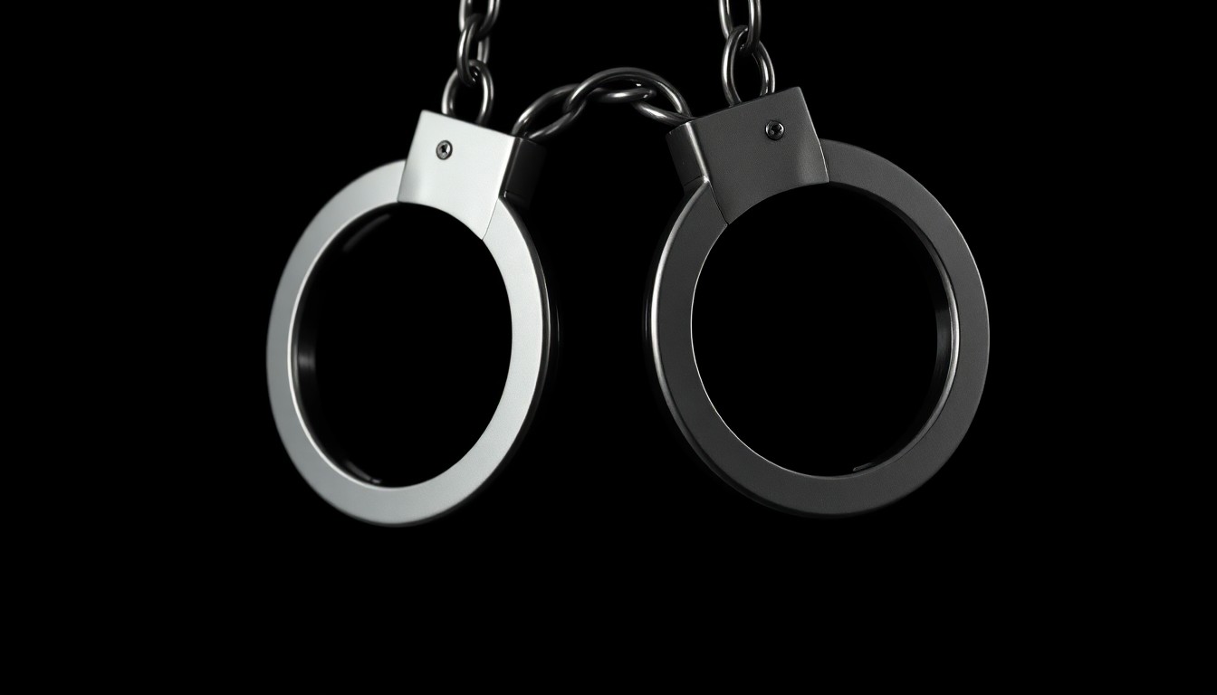 An extreme close-up photograph of a pair of handcuffs against a stark, black background, creating a gritty, investigative aesthetic through the use of harsh, direct lighting.