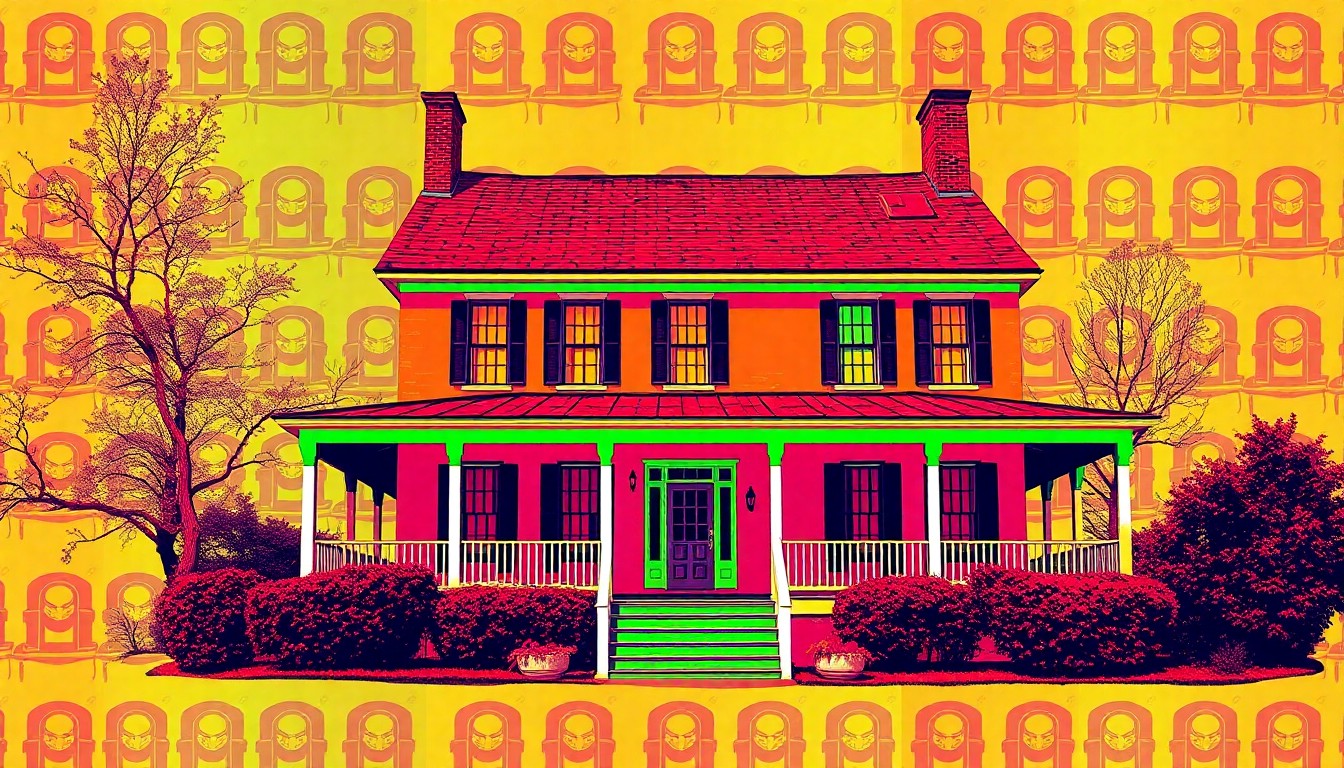 A vibrant, abstract silkscreen illustration of a historic colonial-style house with a wraparound porch, rendered in a bold, neon color palette and heavy black outlines in the style of pop artist Andy Warhol, conceptually representing the preservation and celebration of Scranton's oldest landmark.