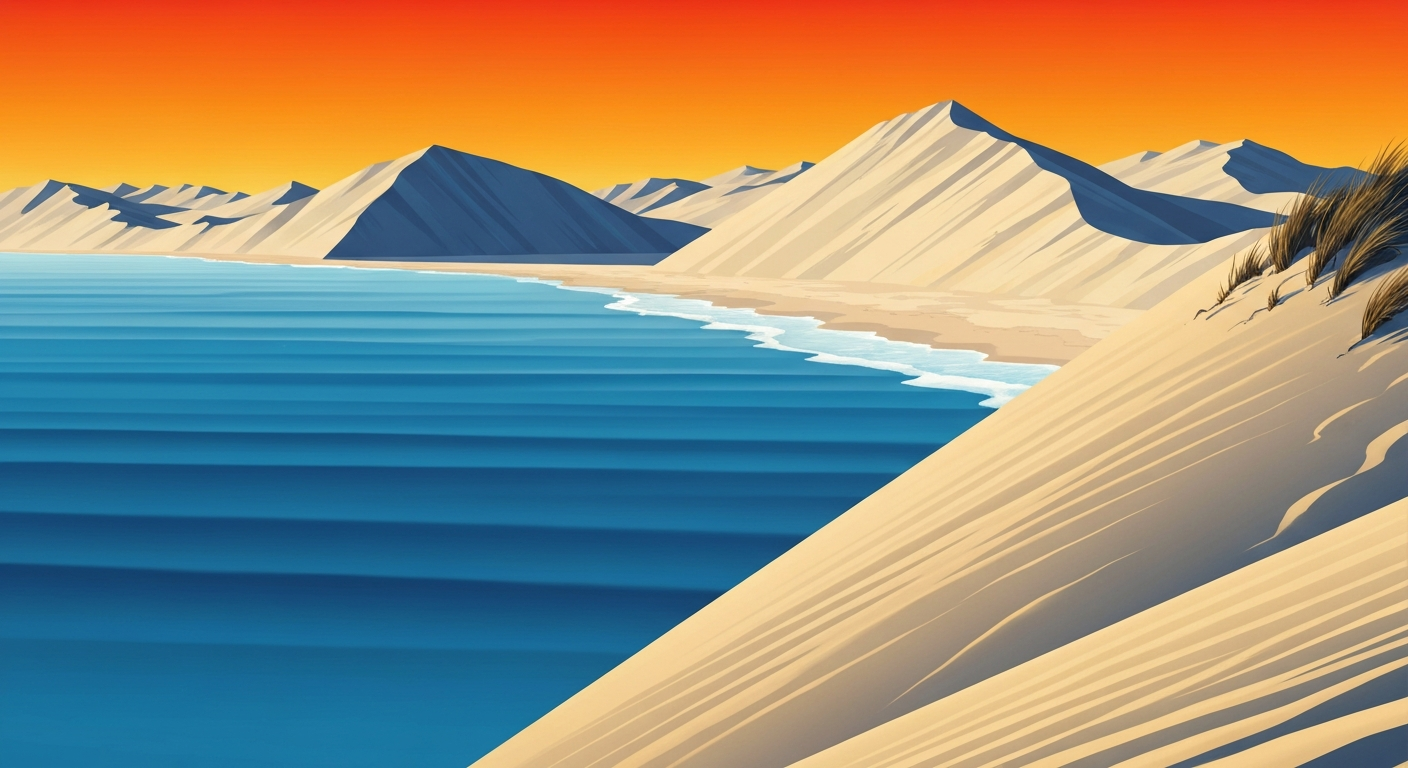 A highly stylized, geometric illustration depicting the grand scale and sweeping views of Sunset Dunes Park, with towering sand dunes and a vibrant sunset sky in shades of blue, beige, and orange, capturing the celebratory mood of the community event.