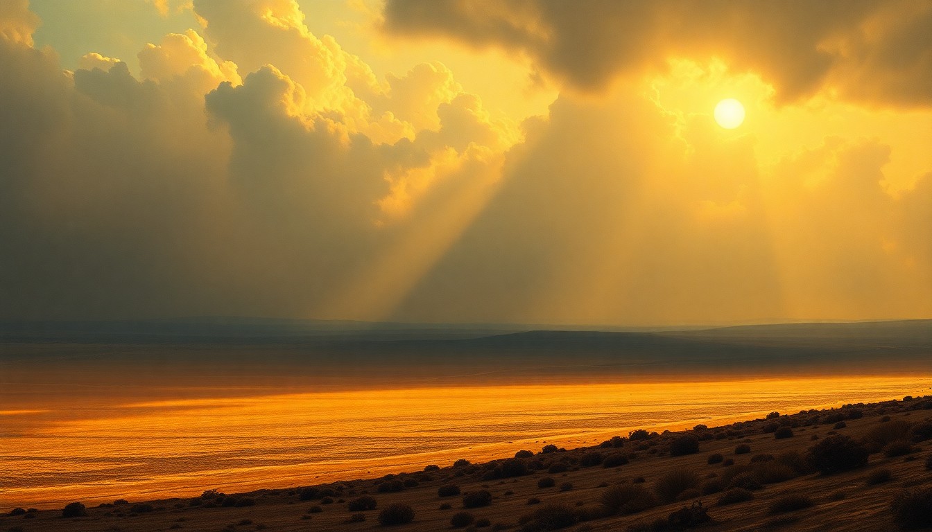 A vast, atmospheric landscape painting in muted earth tones, with a parched, sun-baked field stretching out under a hazy, oppressive sky, conveying a sense of the overwhelming, sublime scale of the natural world.