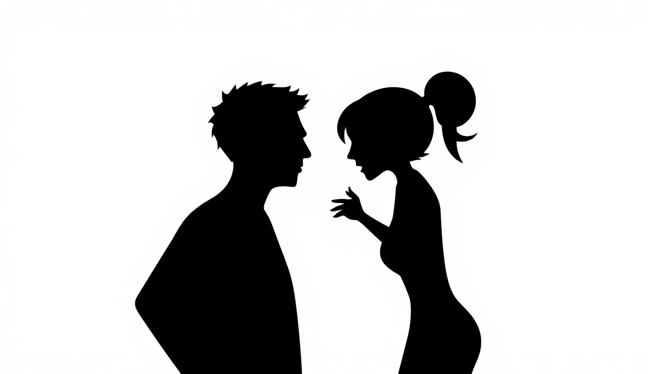 An abstract, minimalist illustration featuring two stark black human silhouettes in a confrontational pose, set against a high-contrast background of bold red and white shapes, conceptually representing the tense argument between the Pacers couple captured in the viral video.