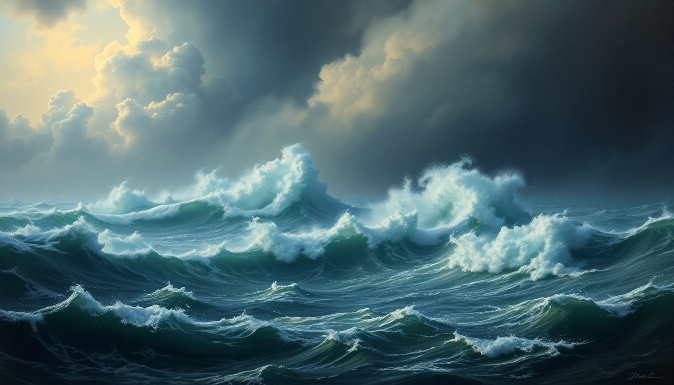A vast, atmospheric seascape painting featuring dramatic waves and churning surf, conveying the overwhelming power and scale of the ocean.