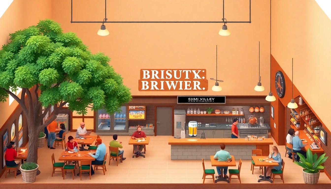 A stylized, isometric 3D digital illustration depicting the interior of a modern brewery with high ceilings, an oak tree-shaded patio, and customers enjoying drinks and food, conveying the welcoming and community-focused atmosphere of the new Simi Valley Brewing Company.
