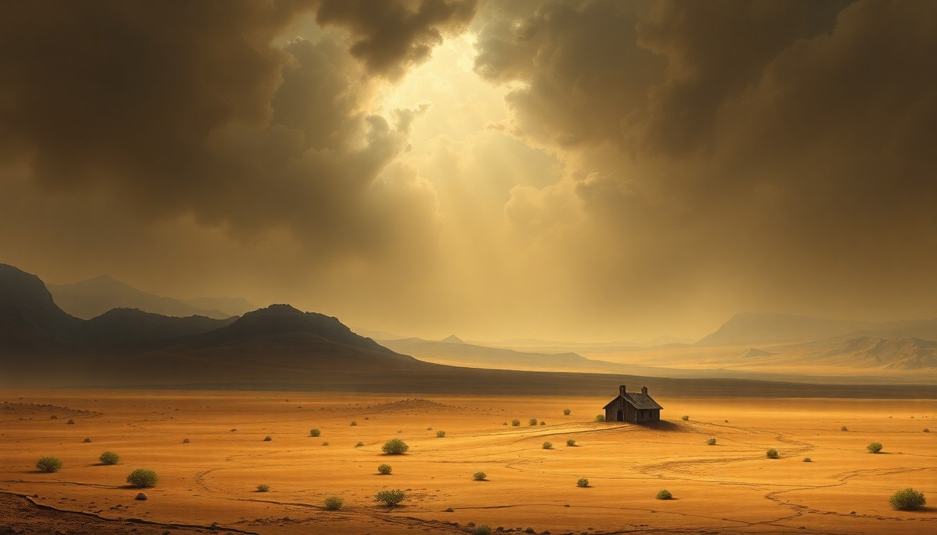 A vast, atmospheric landscape painting in muted earth tones, with a small, isolated house dwarfed by the expansive, arid terrain, conveying the overwhelming scale and severity of the drought conditions facing the city of Durango.