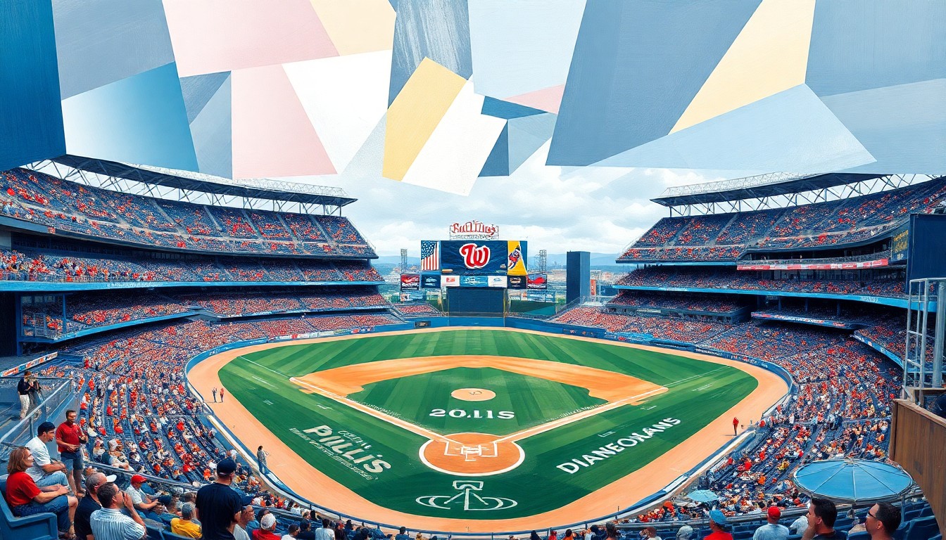 A cubist, geometric painting depicting a baseball game, with overlapping planes of color and shape representing the action on the field in an abstract, fragmented style.