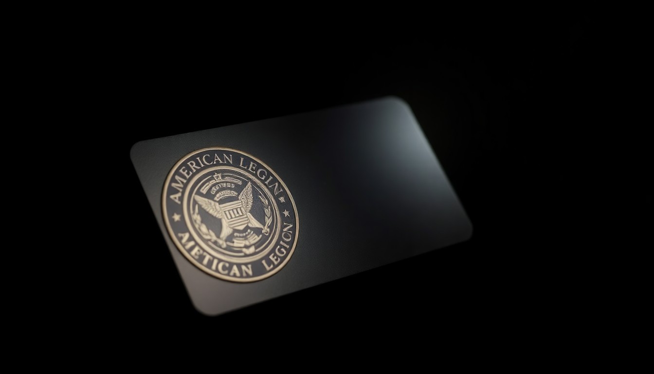 An extreme close-up photograph of an American Legion membership card or coin, lit by a harsh, direct camera flash against a pitch-black background, conveying a stark, gritty, investigative aesthetic without depicting any violence or victims.
