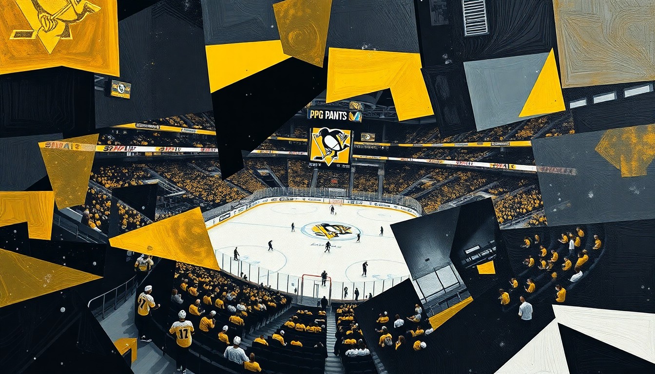 A cubist, geometric painting depicting a hockey game at PPG Paints Arena, with the action broken down into overlapping planes of black, gold, and white, capturing the energy and excitement of the Penguins' playoff run.