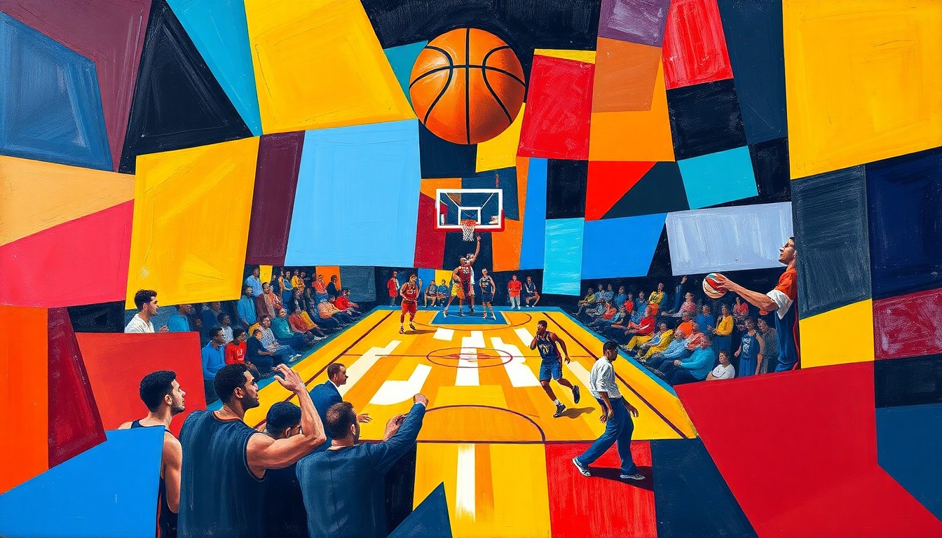 A fragmented, geometric painting in bold primary colors, capturing the dynamic energy and multi-faceted nature of a basketball game, conceptually representing the Thunder's depth and team-oriented approach.
