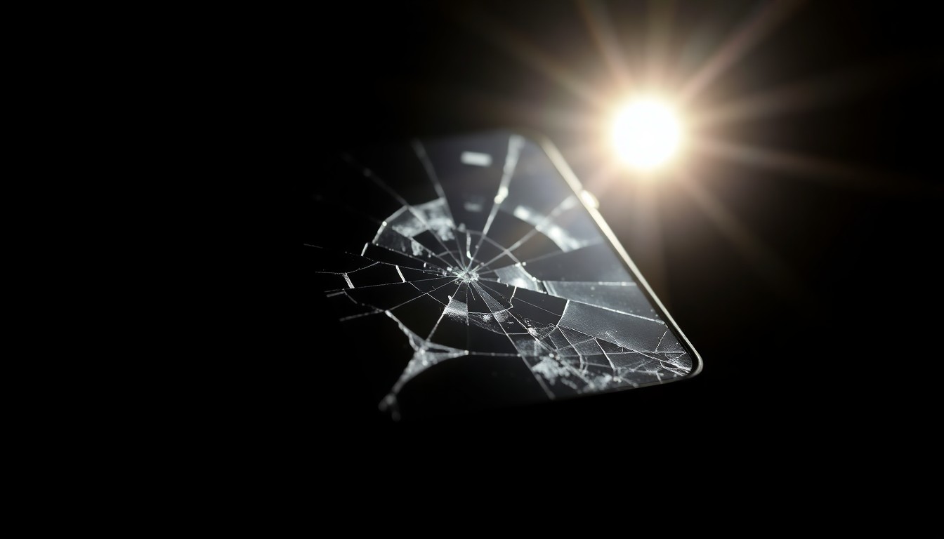 An extreme close-up photograph of a cracked and damaged cell phone screen, lit by a harsh, direct camera flash against a pitch-black background, conceptually representing the violence and disruption of a domestic assault.
