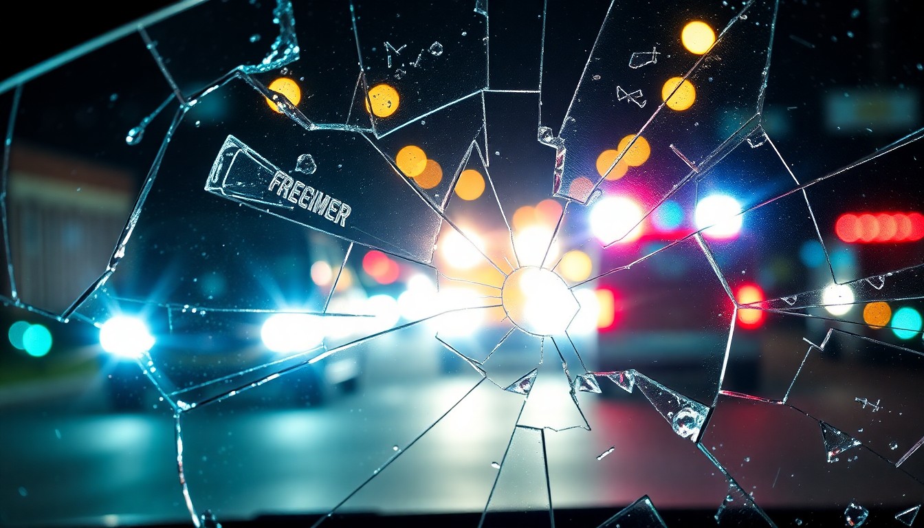An extreme close-up photograph of shattered car window glass reflecting the flashing lights of emergency vehicles, conveying the somber aftermath of a fatal collision.