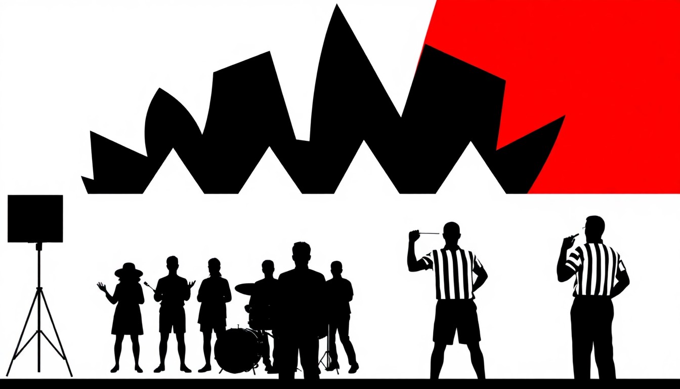 An abstract, minimalist illustration featuring stark black silhouettes of a choir, a band, and volleyball officials against a high-contrast red and white background, conceptually representing the diverse talent needs of the Georgia film industry.