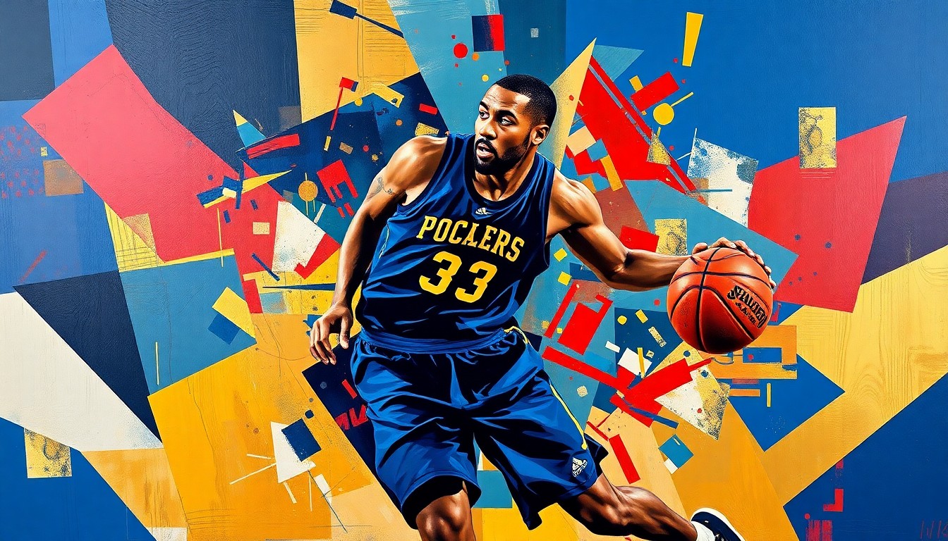 A fragmented, cubist-style painting depicting a basketball player in motion, with sharp geometric shapes and planes of navy blue, crimson red, and gold, capturing the dynamic energy of the sport.