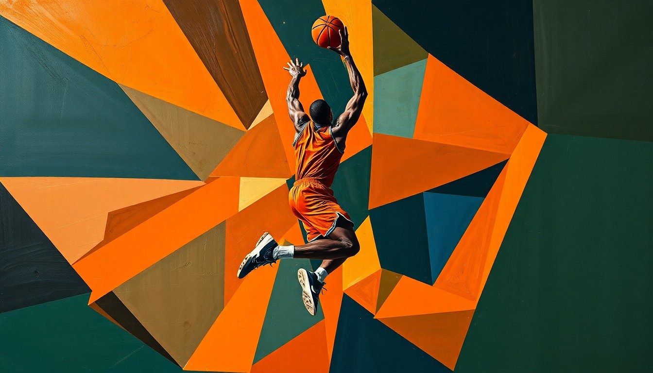 A cubist-style painting depicting a basketball player in mid-jump shot, their form broken down into sharp, overlapping geometric shapes in a palette of burnt orange, navy blue, and forest green, conveying the raw energy and dynamism of the sport.