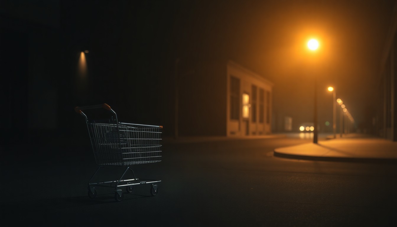 A solitary shopping cart, partially obscured by shadows, sits alone on a dimly lit city street. The warm, golden glow of a nearby streetlight casts a soft, cinematic light on the scene, creating a nostalgic, melancholic mood.
