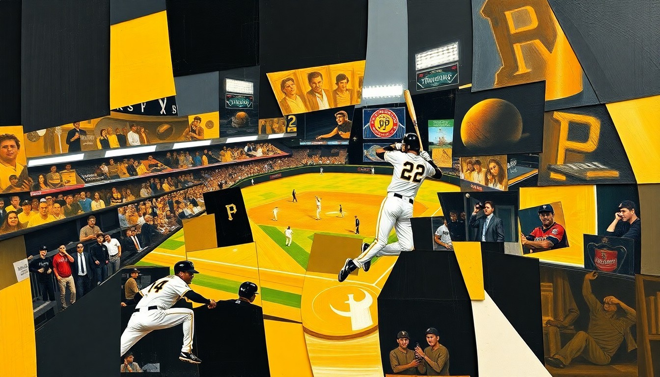 A cubist, geometric painting depicting a baseball player in motion, with the player's form fractured and overlapping in sharp, angular planes of black, gold, and white, representing the Pittsburgh Pirates' team colors and the strategic, multi-faceted approach the team is taking to rebuild around their top prospect.