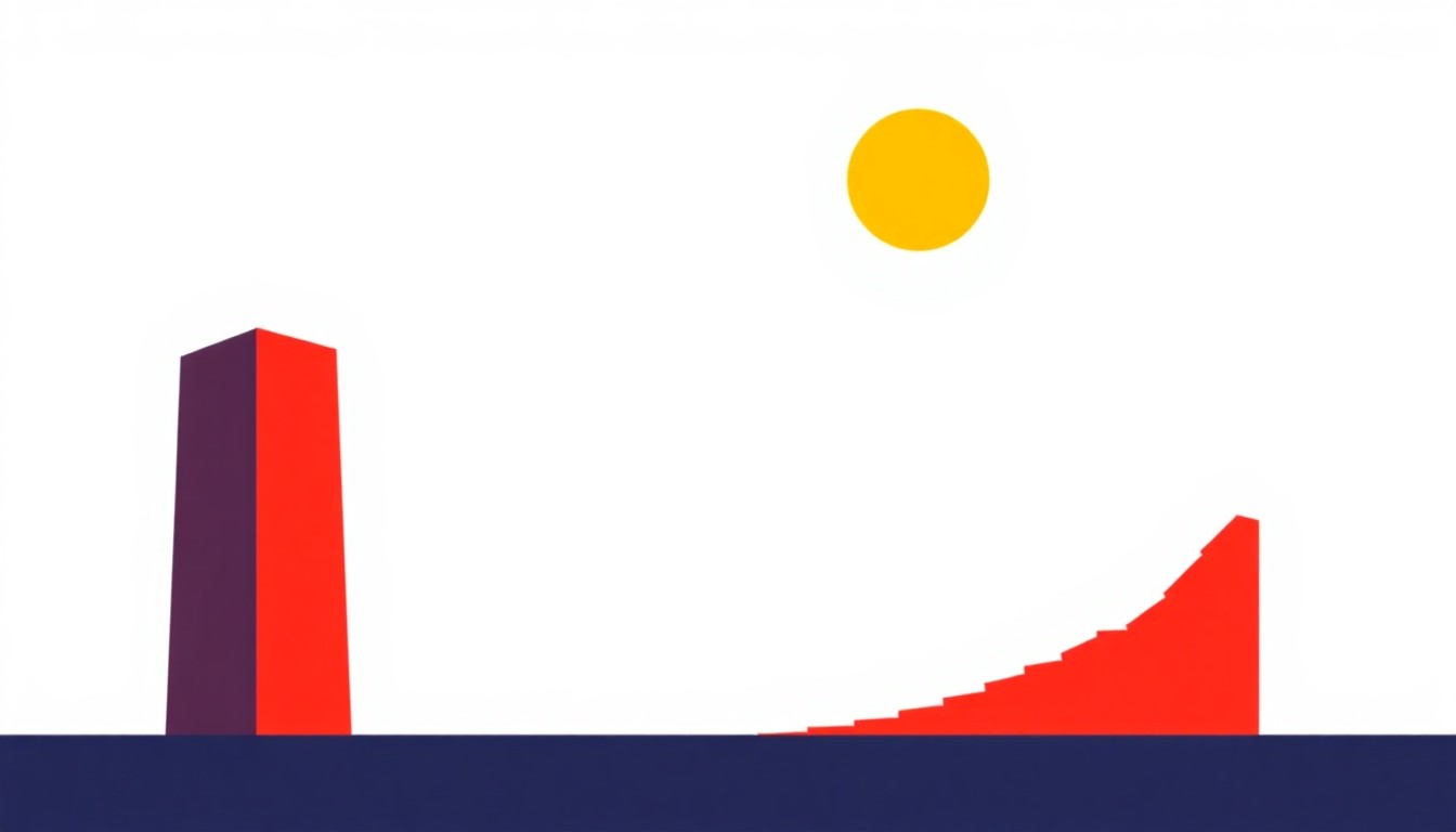 A geometric abstract illustration using bold shapes and primary colors to conceptually represent the stagnation of economic growth due to political dysfunction.