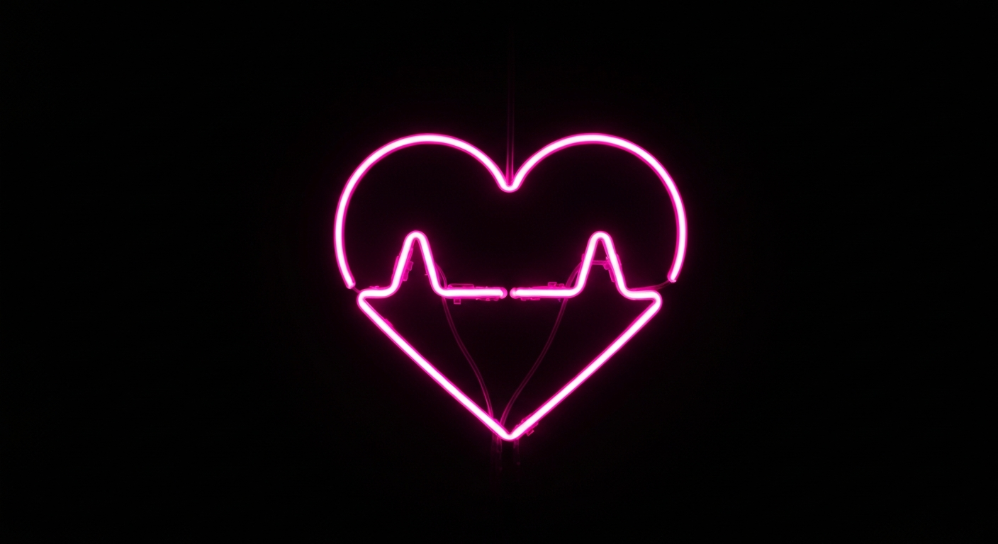 A minimalist design in the style of Keith Haring, where the outline of a human heart is defined entirely by vibrant, glowing neon lines against a deep, dark background, emphasizing the shape and energy of the organ.