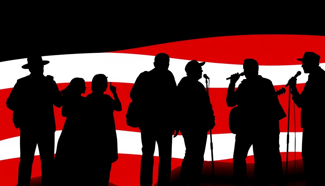 A dynamic abstract illustration featuring bold black shapes and bright red and white colors, conceptually representing the energy and patriotic spirit of Foley's community Music and Movie series.