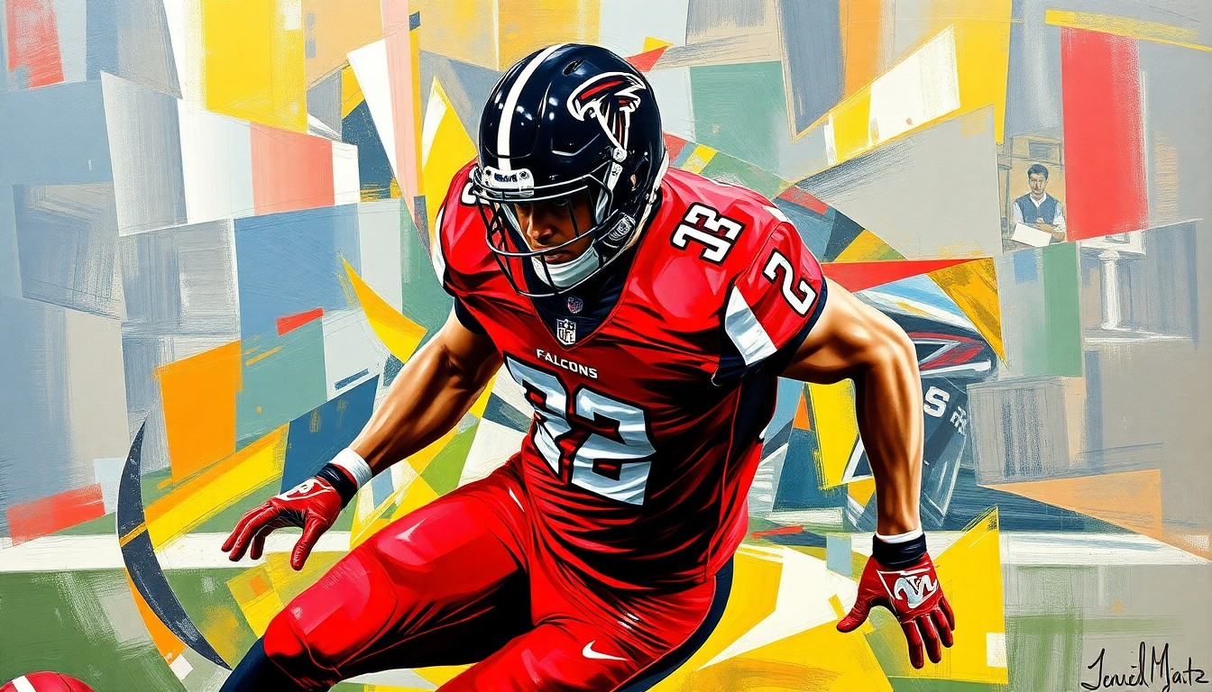 A cubist-style painting depicting a football player in motion, broken down into sharp, overlapping geometric shapes in the Falcons' red and black colors, conceptually representing the team's investment in their star running back.