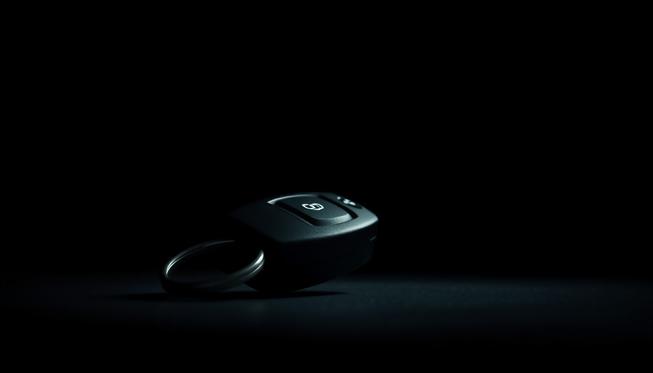 An extreme close-up photograph of a car key fob against a pitch-black background, lit by a harsh, direct camera flash, conceptually representing the investigation into a vehicle theft incident.