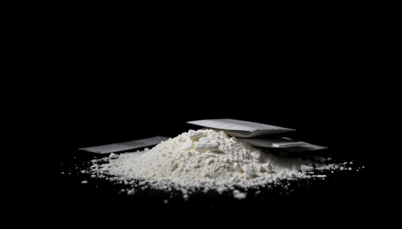 An extreme close-up photograph of a pile of white powder and small translucent envelopes, conceptually representing the seized fentanyl and packaging materials from the narcotics mills.
