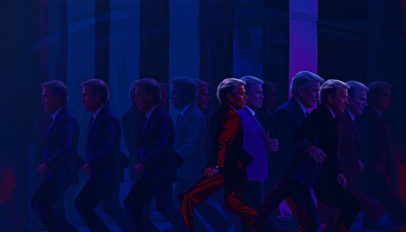 A dynamic, abstract painting featuring the fractured, overlapping silhouette of a politician in motion, rendered in bold, angular brushstrokes of dark blue, violet, and red, conveying a sense of instability and upheaval.