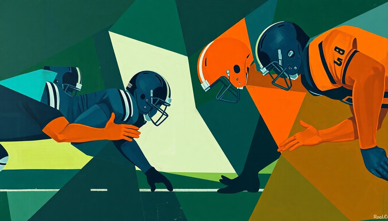 A cubist-style painting depicting a fragmented, geometric interpretation of a football offensive line, with sharp, overlapping planes in muted tones of navy, green, and orange, conveying the conceptual idea of strategic positioning and line optimization.