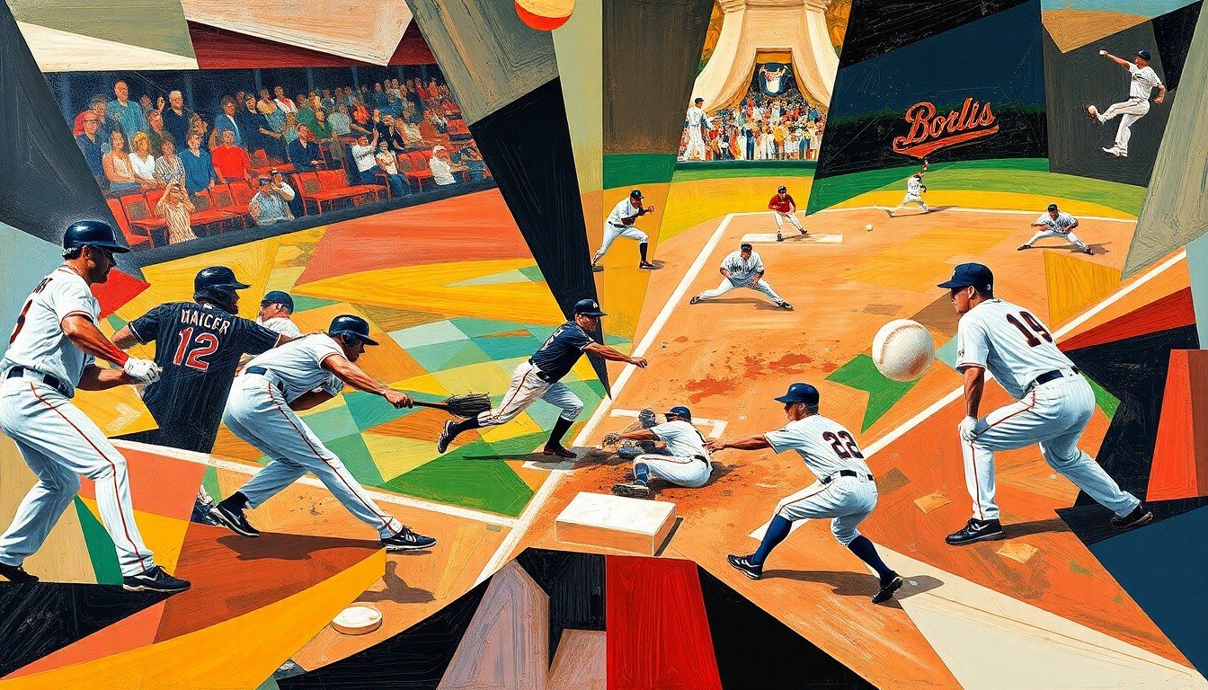 A fractured, multi-perspective painting breaking down the critical play at third base in the 2026 World Series into abstract geometric shapes and angles, conveying the tension and drama of the moment.
