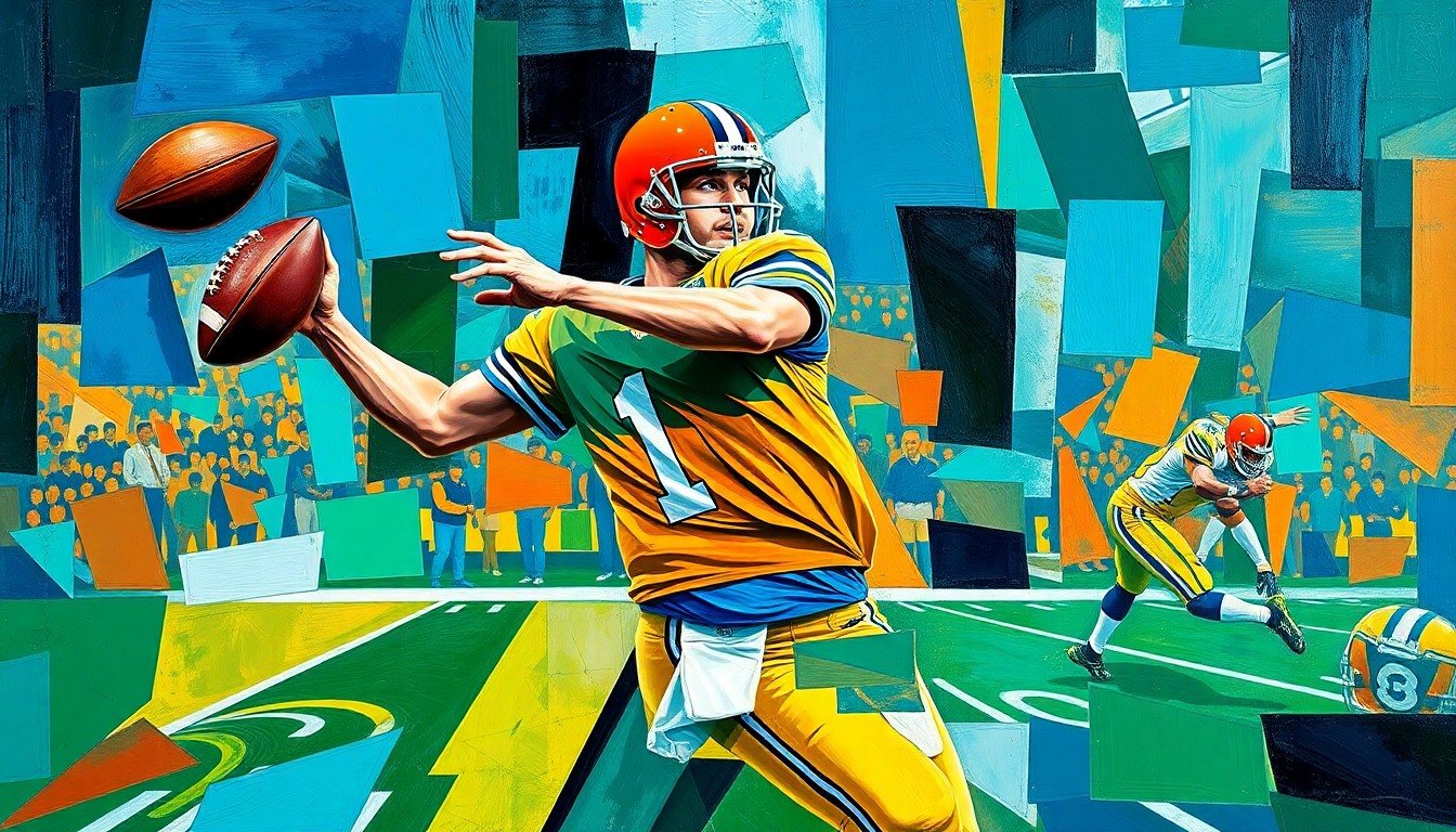 A fragmented, cubist-style painting depicting a quarterback in the midst of throwing a pass, the player's form broken down into sharp, overlapping geometric shapes in a vibrant color palette.
