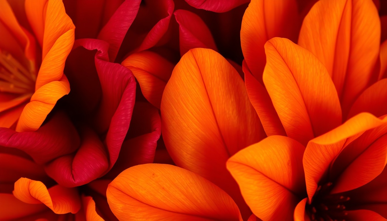 An extreme close-up of velvety, richly-colored flower petals in shades of burgundy, ochre, and saffron, captured with dramatic studio lighting to create a luxurious, high-fashion aesthetic.