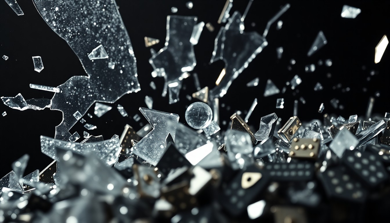 An abstract close-up image of shattered glass and twisted metal fragments, captured in dramatic, high-contrast studio lighting to convey the complex emotions and themes surrounding the Jam Master Jay murder case.