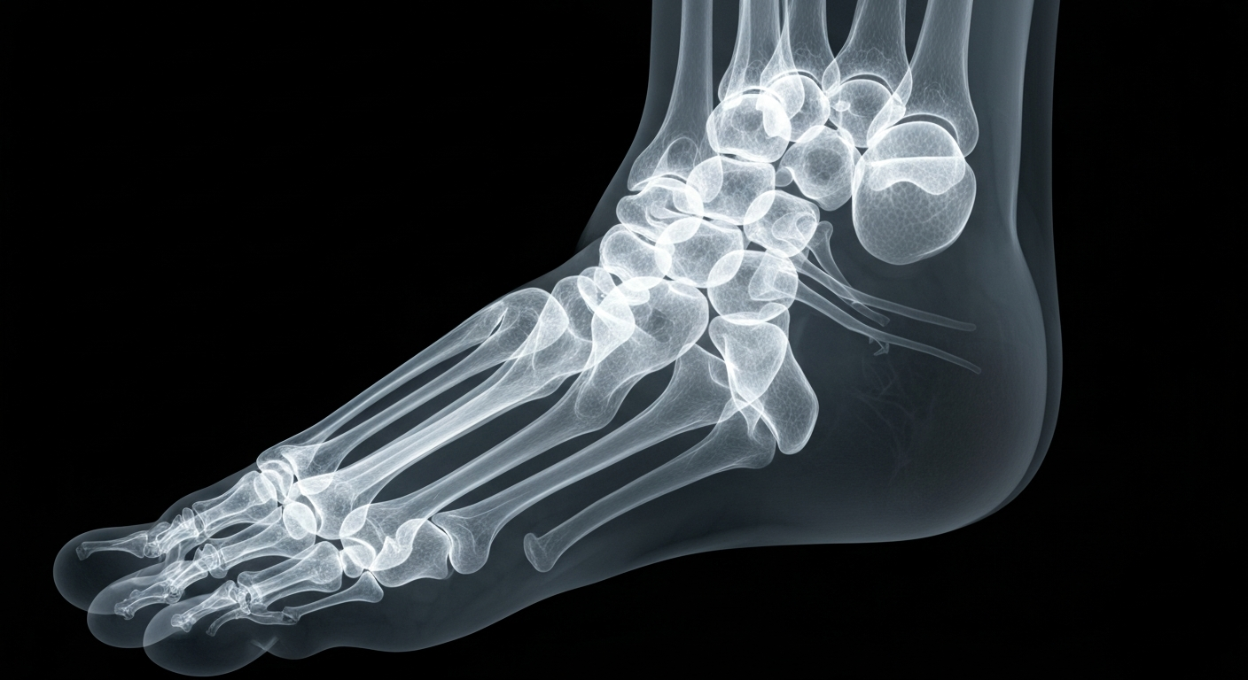 An extreme close-up X-ray image revealing the intricate neural network of a human foot, with ghostly glowing lines representing the complex structures and signaling pathways that are the focus of research into new treatments for diabetic neuropathy.