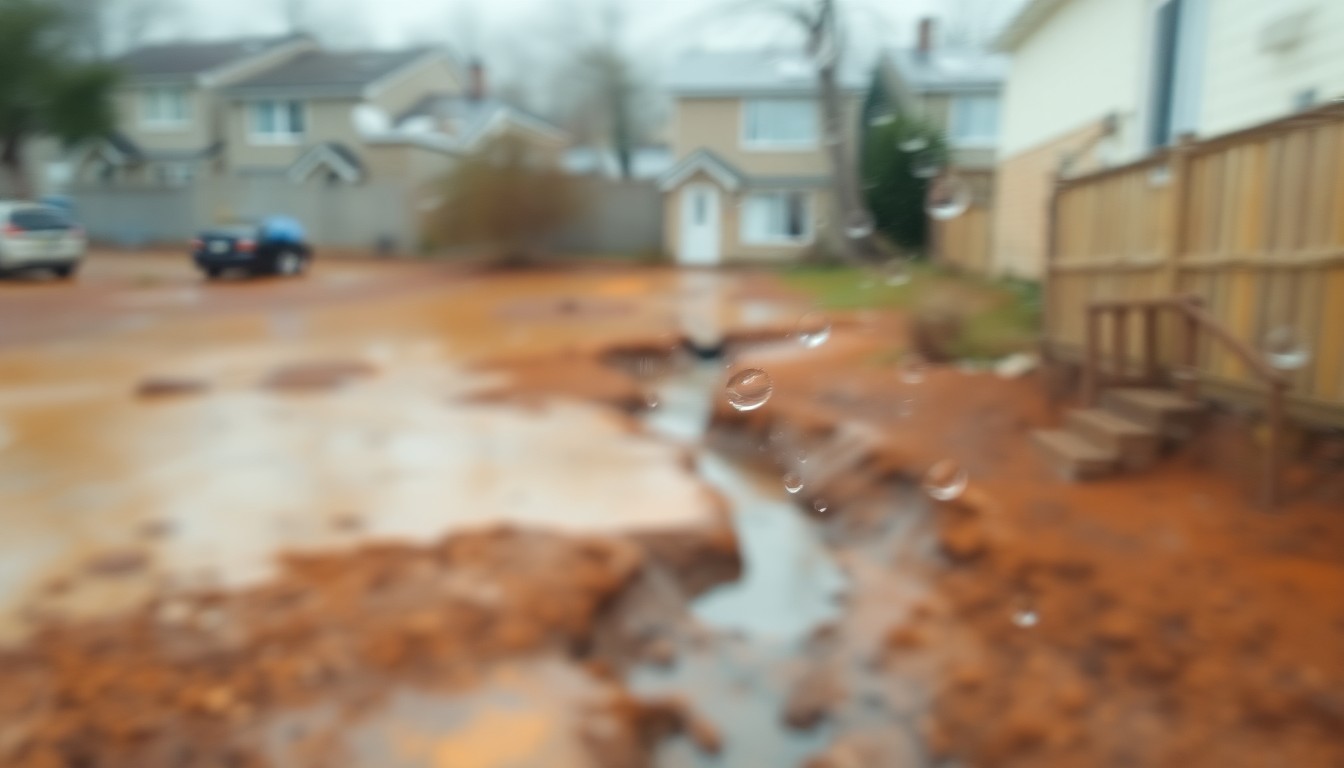 An abstract, impressionistic photograph showing a blurred, flooded backyard with an eroding drainage ditch, conveying the mood of flooding and environmental damage caused by construction runoff.