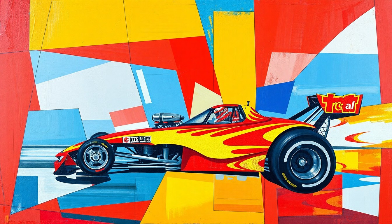 A cubist, geometric painting depicting the dynamic motion and energy of a Funny Car race, with overlapping planes of bright red, yellow, and blue hues.