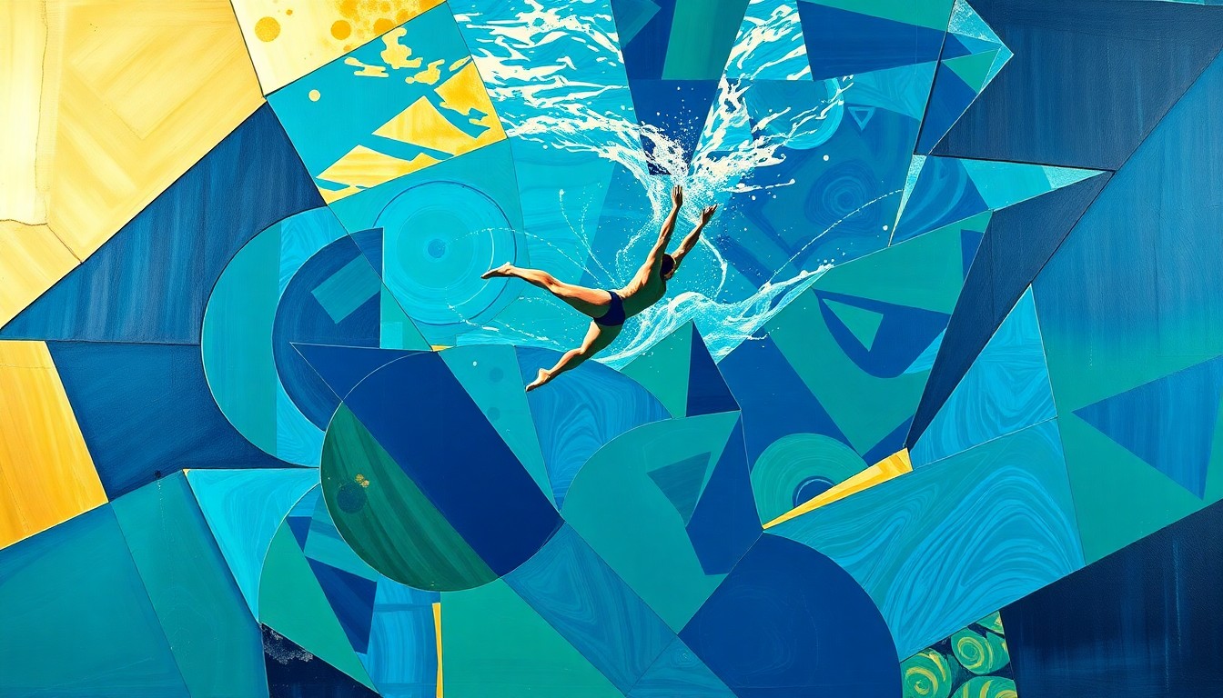 A fractured, geometric painting in vibrant colors depicting the dynamic movements and multiple perspectives of a diving competition.
