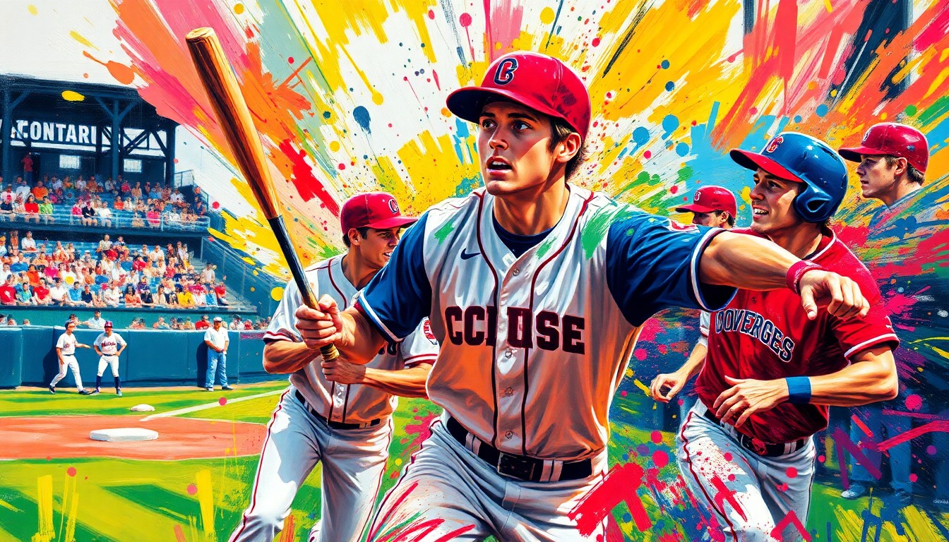 An abstract expressionist painting featuring bold, vibrant brushstrokes in neon colors that capture the raw energy and motion of a college baseball game, with players' faces and uniforms blending into the energetic composition.