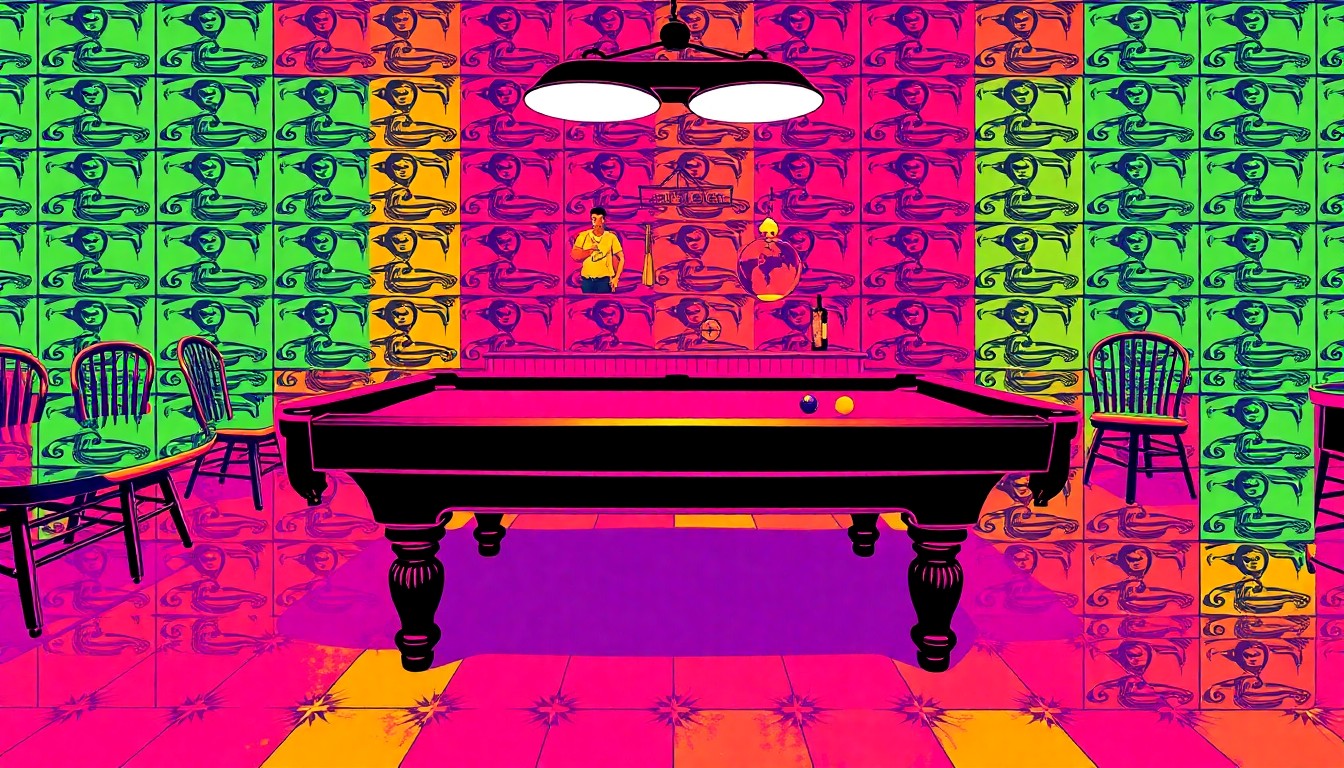 A vibrant, high-contrast silkscreen print of a vintage-style pool table repeated in a grid, capturing the classic bar scene and community spirit of the Cotati 8 Ball Tavern's relaunch.