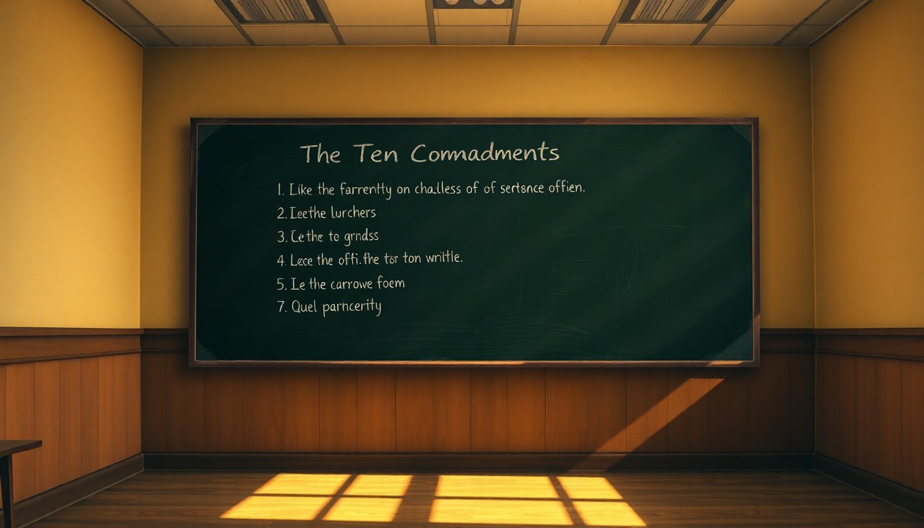 A solitary chalkboard in an empty classroom, with the Ten Commandments written on it in faded chalk. The room is bathed in warm, diagonal sunlight and deep shadows, creating a contemplative, nostalgic mood.