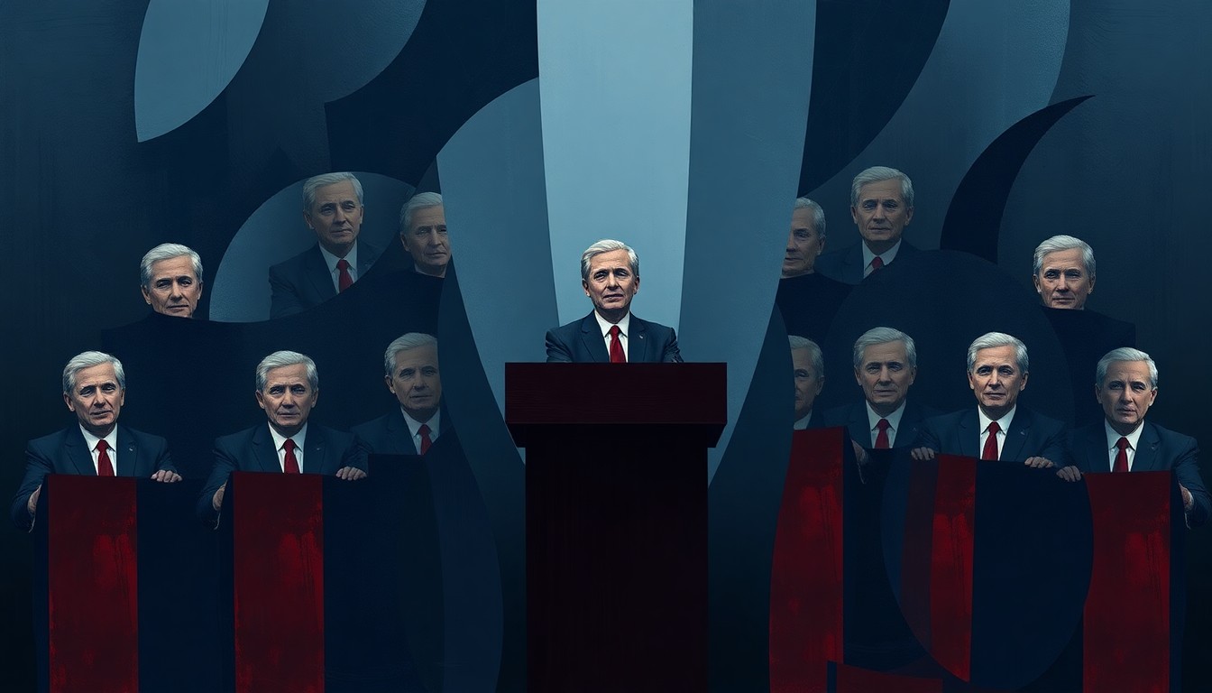 A dynamic, abstract painting of a political podium or lectern, its form fractured and repeated in overlapping geometric waves of dark blue, grey, and red, conveying a sense of political upheaval and instability.