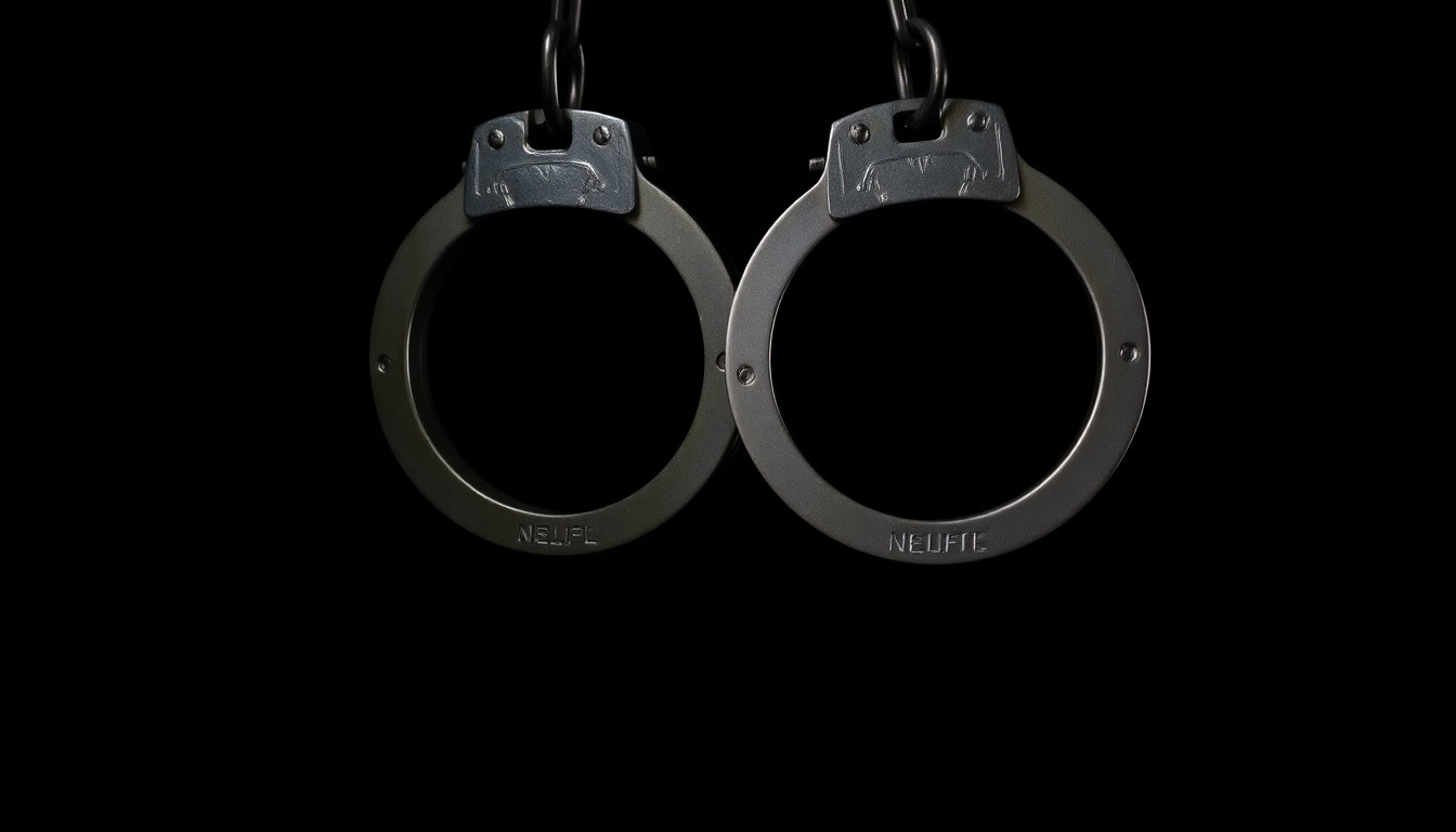 An extreme close-up photograph of a set of handcuffs against a pitch-black background, conveying a stark, gritty, and investigative mood through the harsh lighting and dramatic shadows.