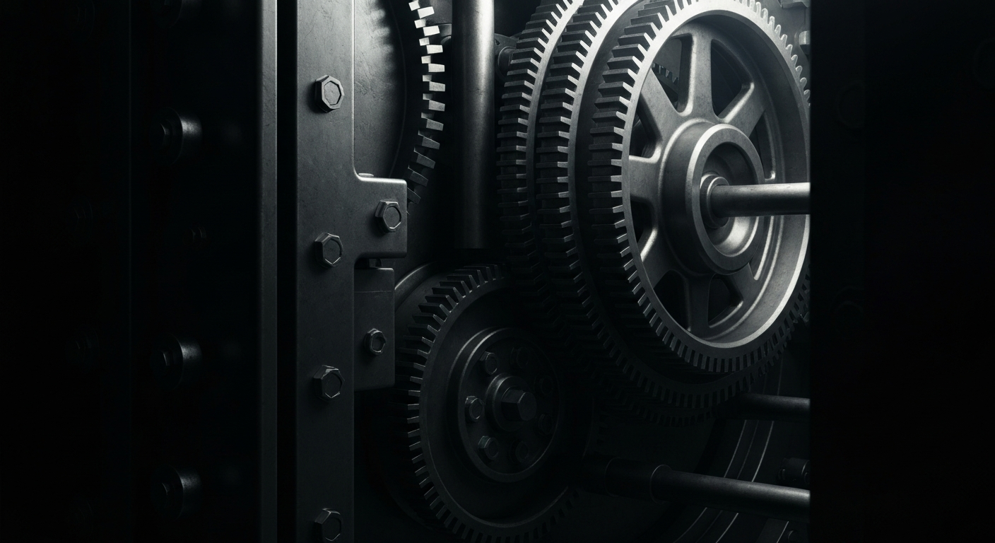 An extreme close-up of the heavy, industrial gears and mechanisms of a bank vault, conveying the complex infrastructure that underpins the secure storage of financial assets.