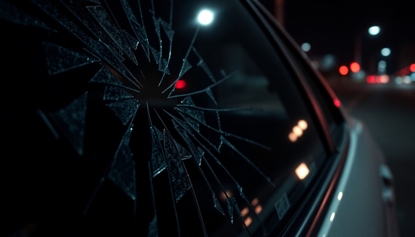 An extreme close-up of a shattered car window reflecting a faint red light, conceptually representing the aftermath of a drive-by shooting by a criminal gang.