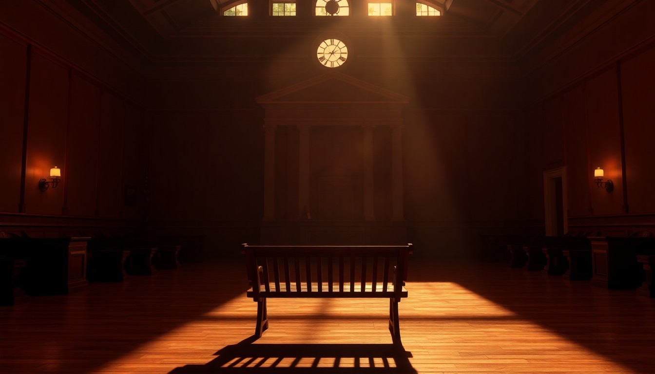 A dimly lit, cinematic painting of an empty wooden bench inside a courthouse, with warm diagonal sunlight and deep shadows, conceptually representing the closure of a legal case.
