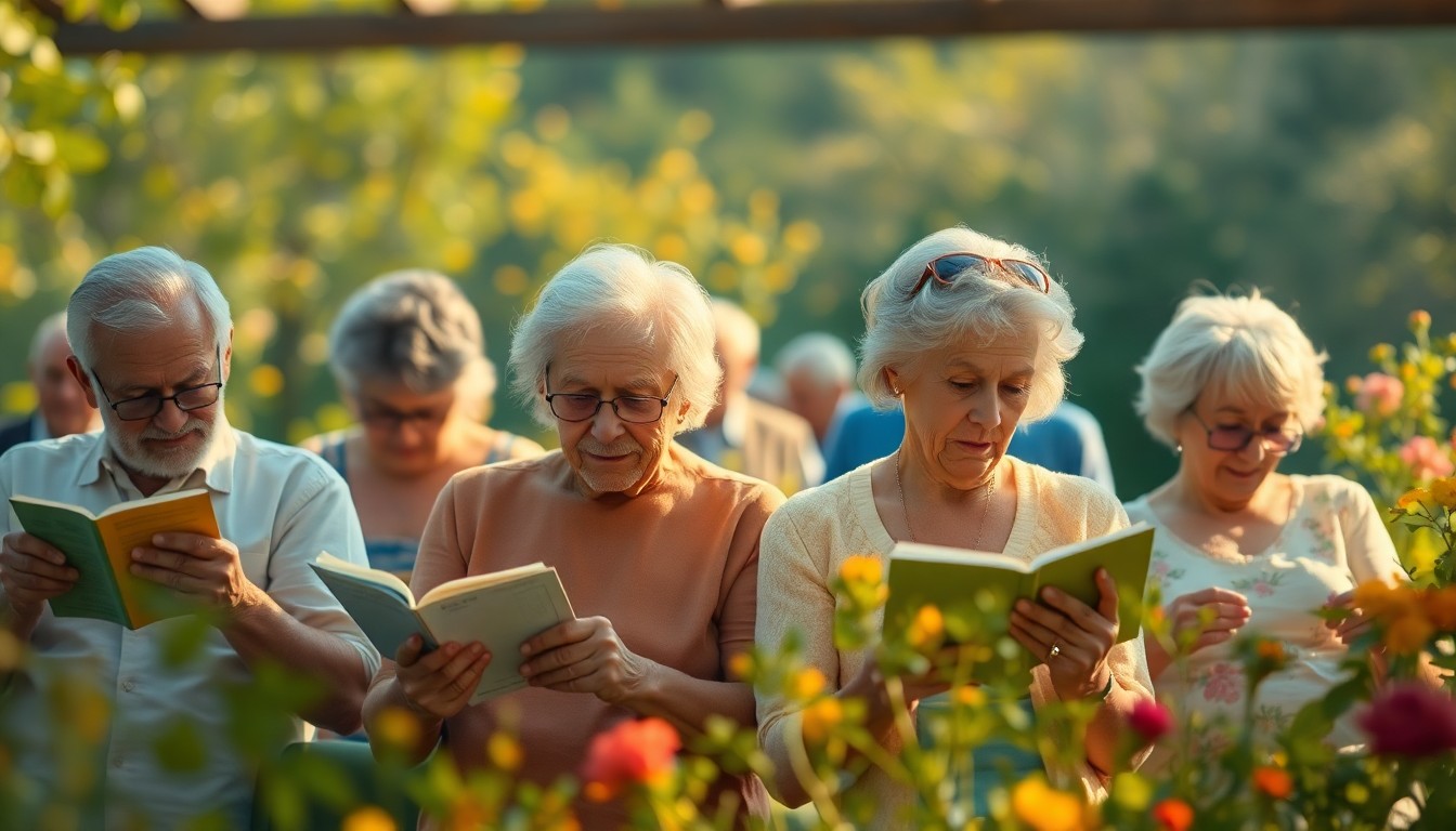 An extremely abstracted, out-of-focus photograph of seniors engaged in everyday lifestyle activities, captured in soft, warm pools of light and color that evoke a sense of comfort and community.