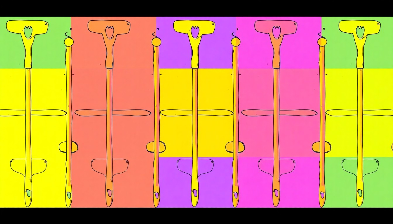 A vibrant, high-contrast silkscreen print featuring a repeating pattern of a wooden stake and metal scraper, the iconic tools used in the traditional practice of worm grunting, conceptually representing the quirky and colorful spirit of Sopchoppy's annual festival.