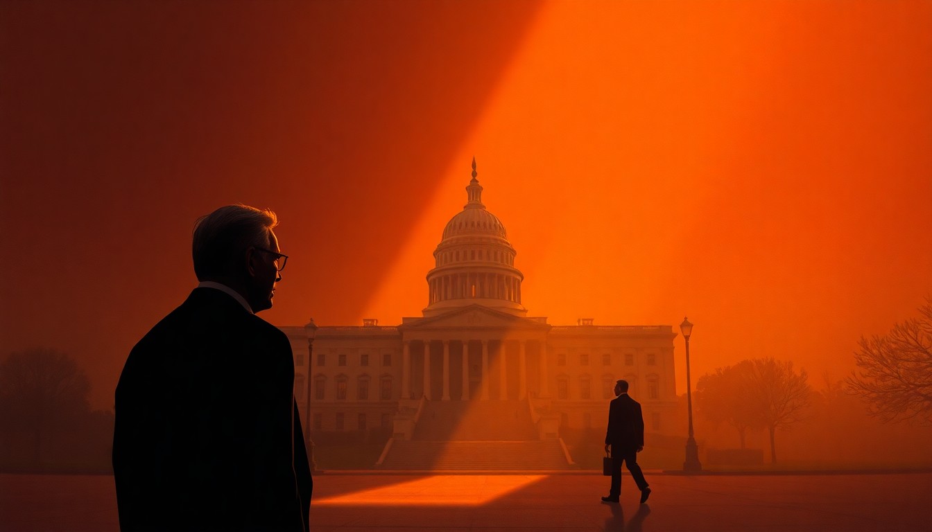 A cinematic painting of a solitary government building or political figure in warm, diagonal sunlight, conveying a sense of quiet contemplation and unresolved tension.