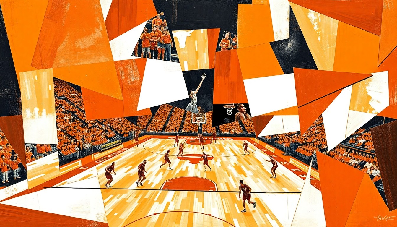 A cubist, geometric painting depicting a basketball game or match, with sharp, overlapping planes of burnt orange and white representing the Texas Longhorns.